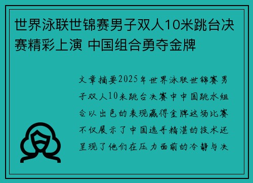 世界泳联世锦赛男子双人10米跳台决赛精彩上演 中国组合勇夺金牌