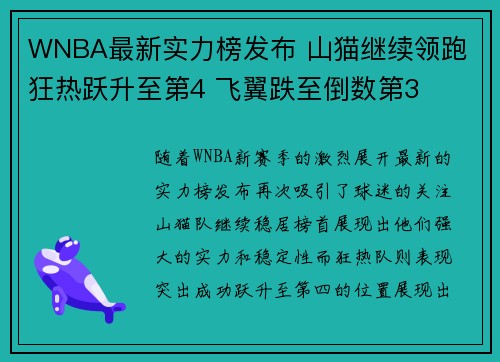 WNBA最新实力榜发布 山猫继续领跑 狂热跃升至第4 飞翼跌至倒数第3